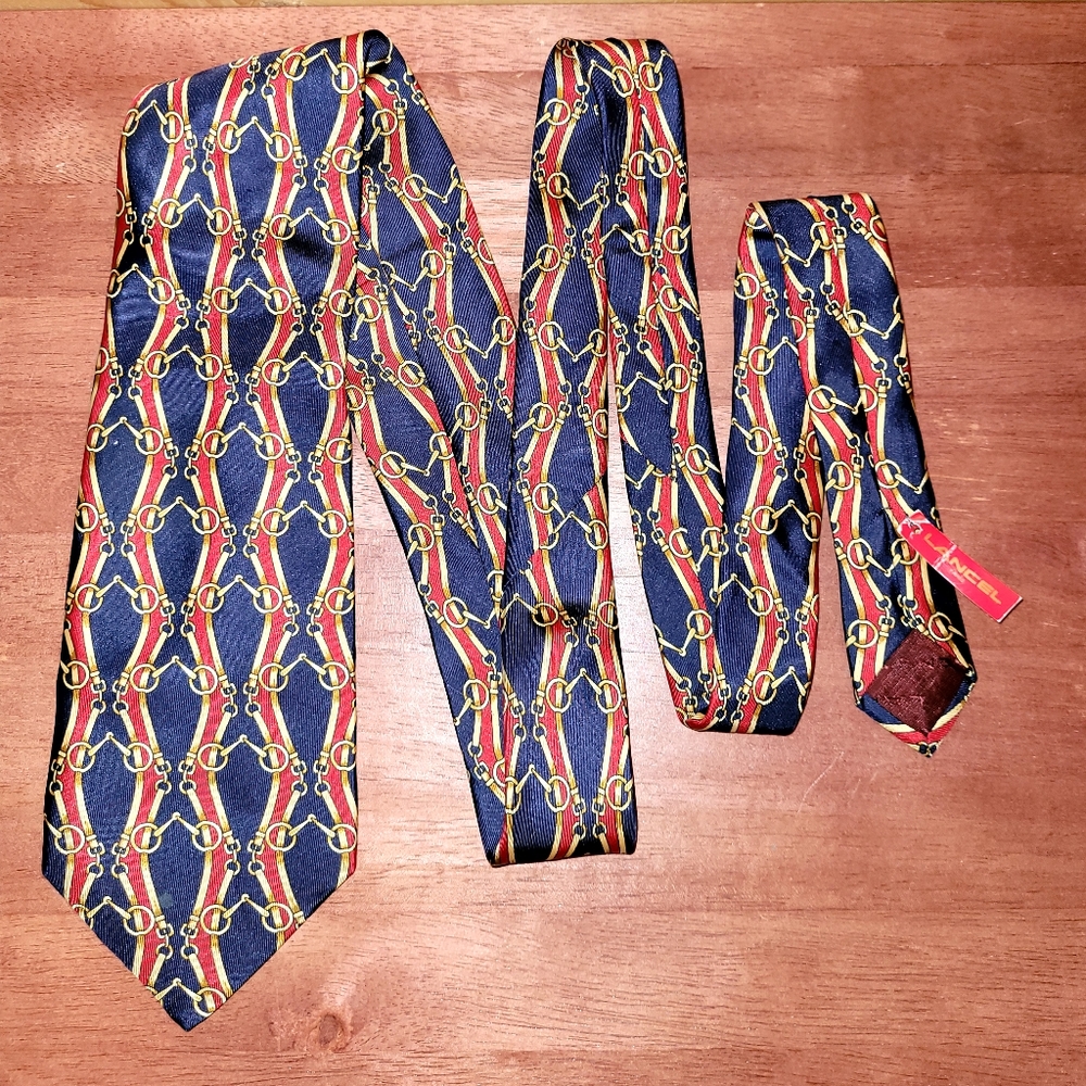 Bridle Harness Equestrian French Lancel Paris Red & Gold Navy Tie 100% Silk VTG